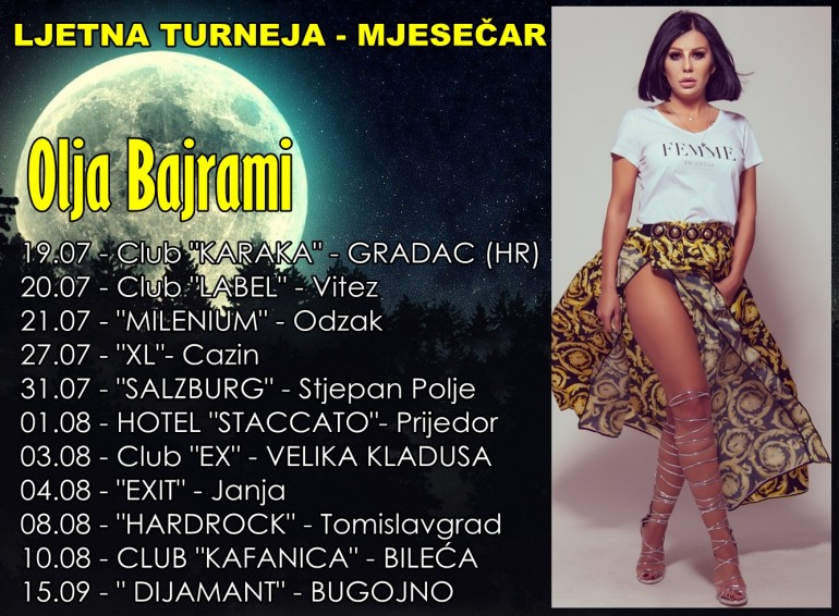 Pjevačica Olja Bajrami svoju ljetnu turneju koja nosi naziv ”Mjesečar” započinje u Hrvatskoj